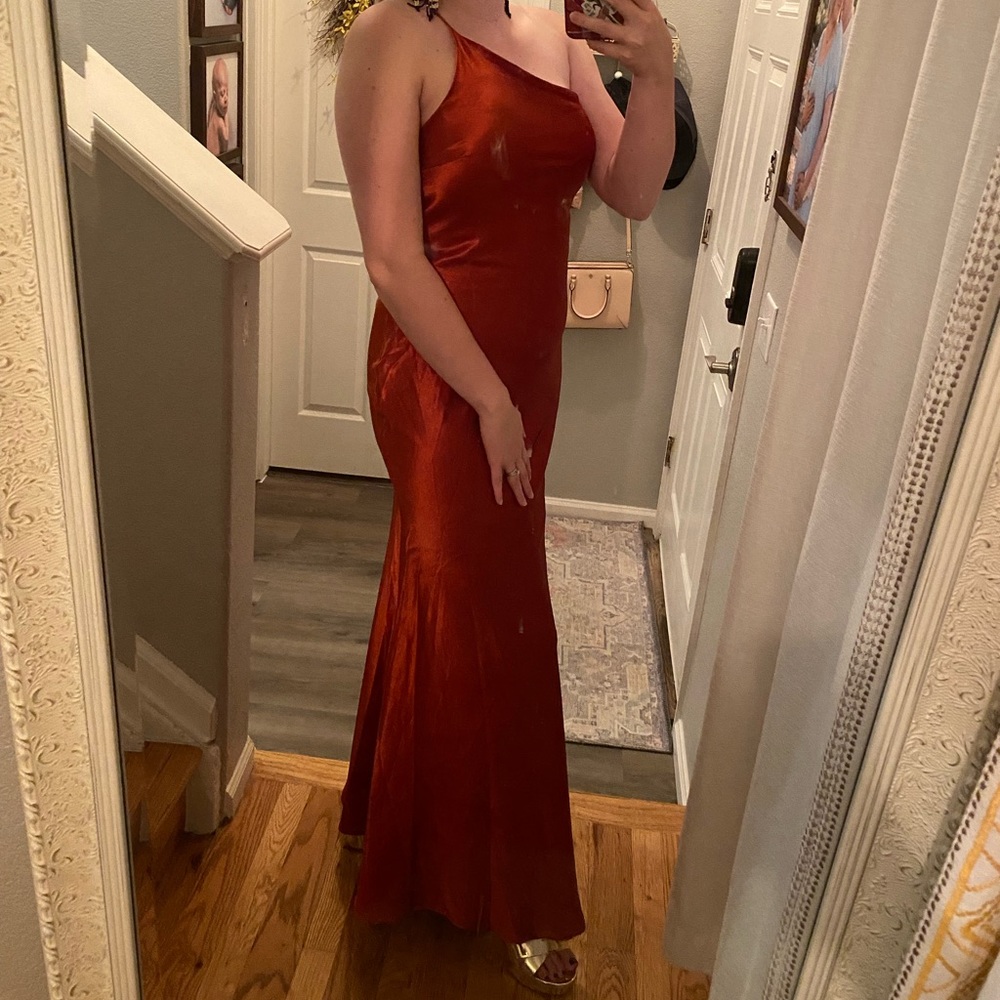 Forever Begins Now Rust Orange Satin One-Shoulder Maxi Dress